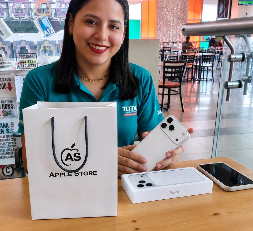 Clienta junto a su teléfono y una bolsa AS